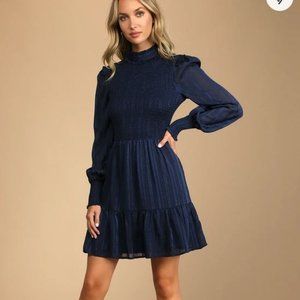 NEW! Lulus Navy Smocked Long Sleeve Mini Dress - Size XL